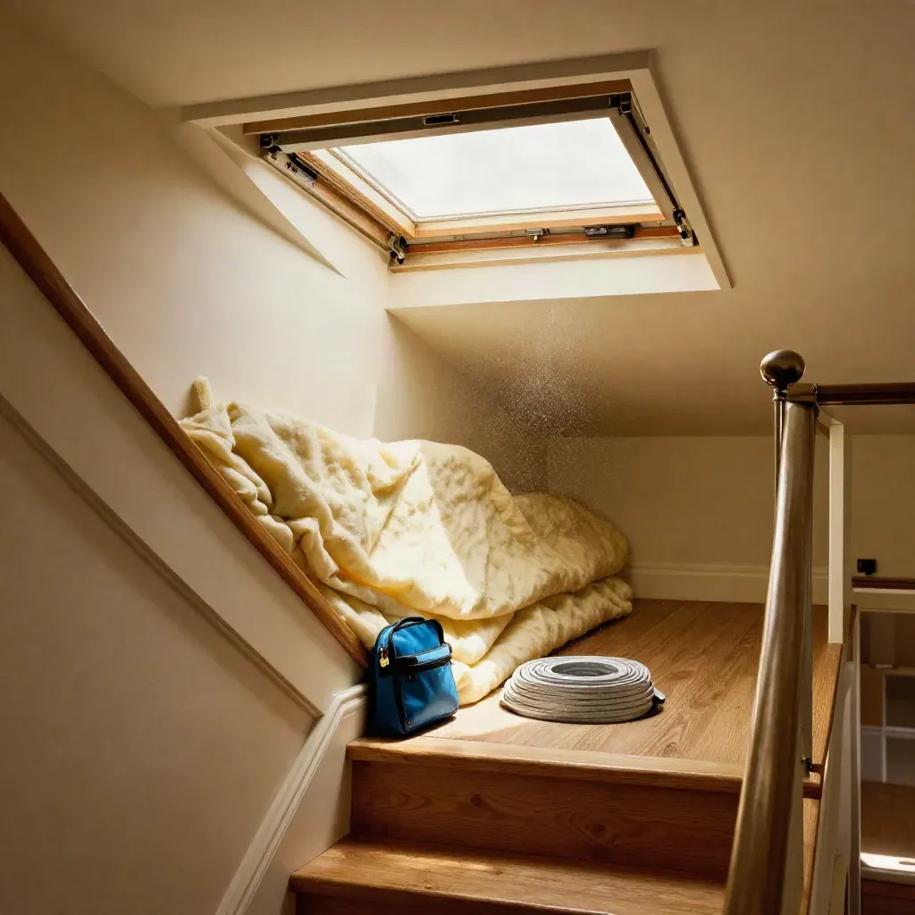 Top-down hallway with open attic hatch, insulation, and weatherstripping in warm sunlight.