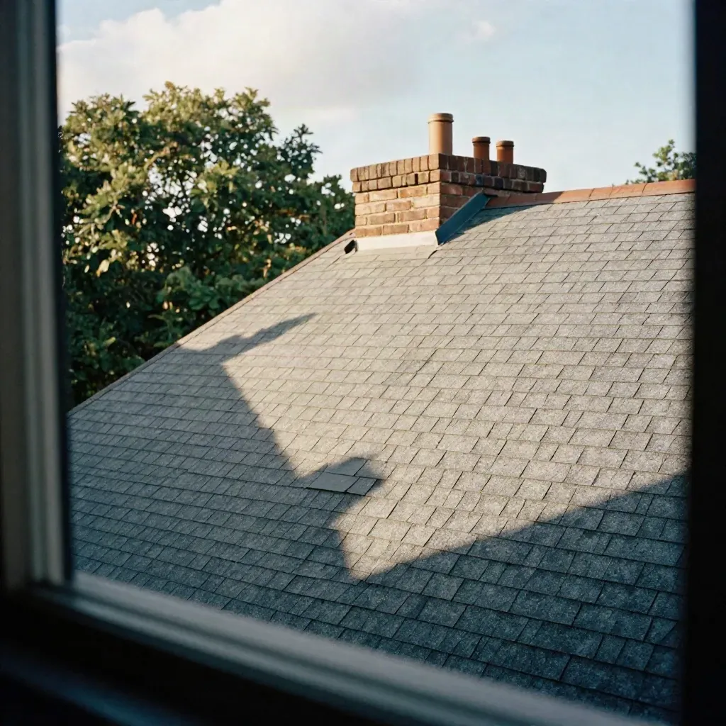 Steep townhouse roof in shifting cloud shadow, with chimney, trees, and diagonal shingle lines.