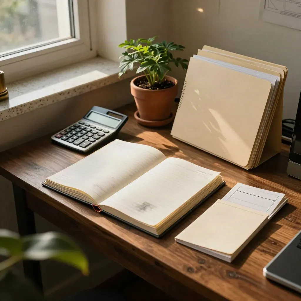 Ledger stack, calculator, folders and plant in a warm office corner by late-afternoon window light.