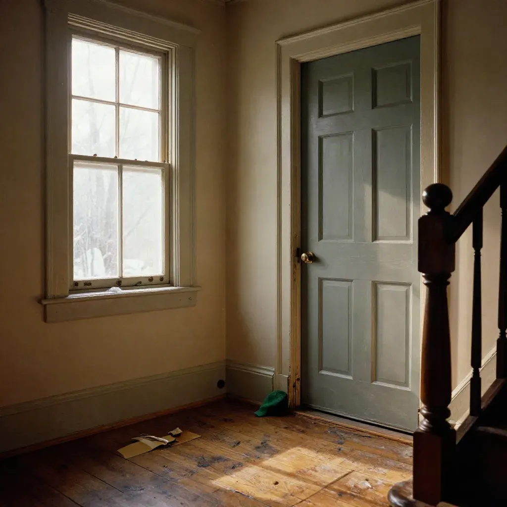 Older entry hall with drafty windows, baseboards, basement door, and morning sun on the floor.