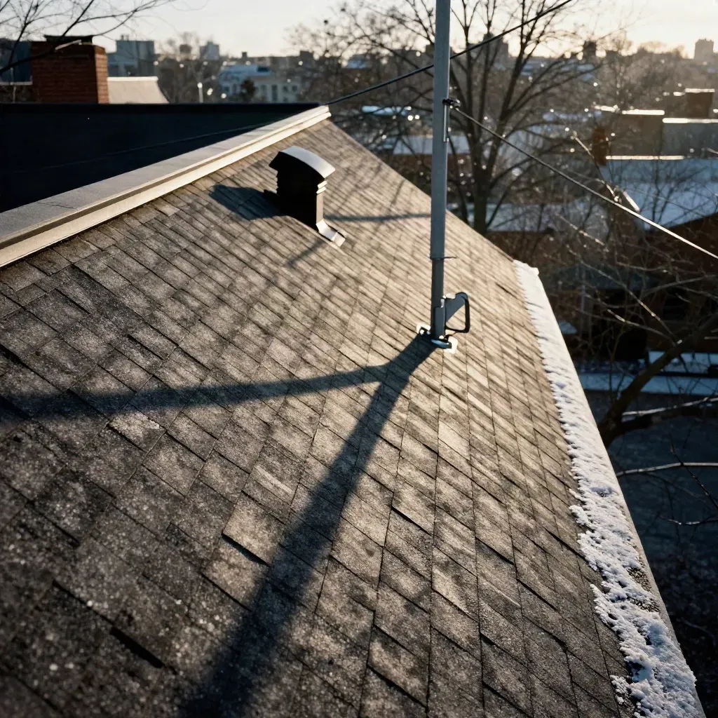 Snowy Ottawa roofline with utility lines, tree shadows, and winter light scanning worn shingles.