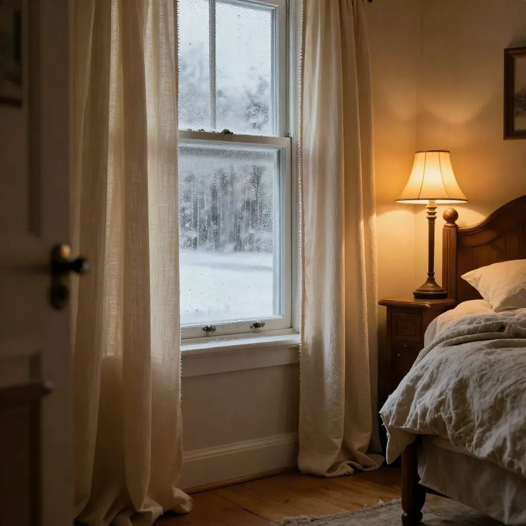 Frosted bedroom window, heavy curtains, and a warm lamp glow in a Manitoba farmhouse corner.