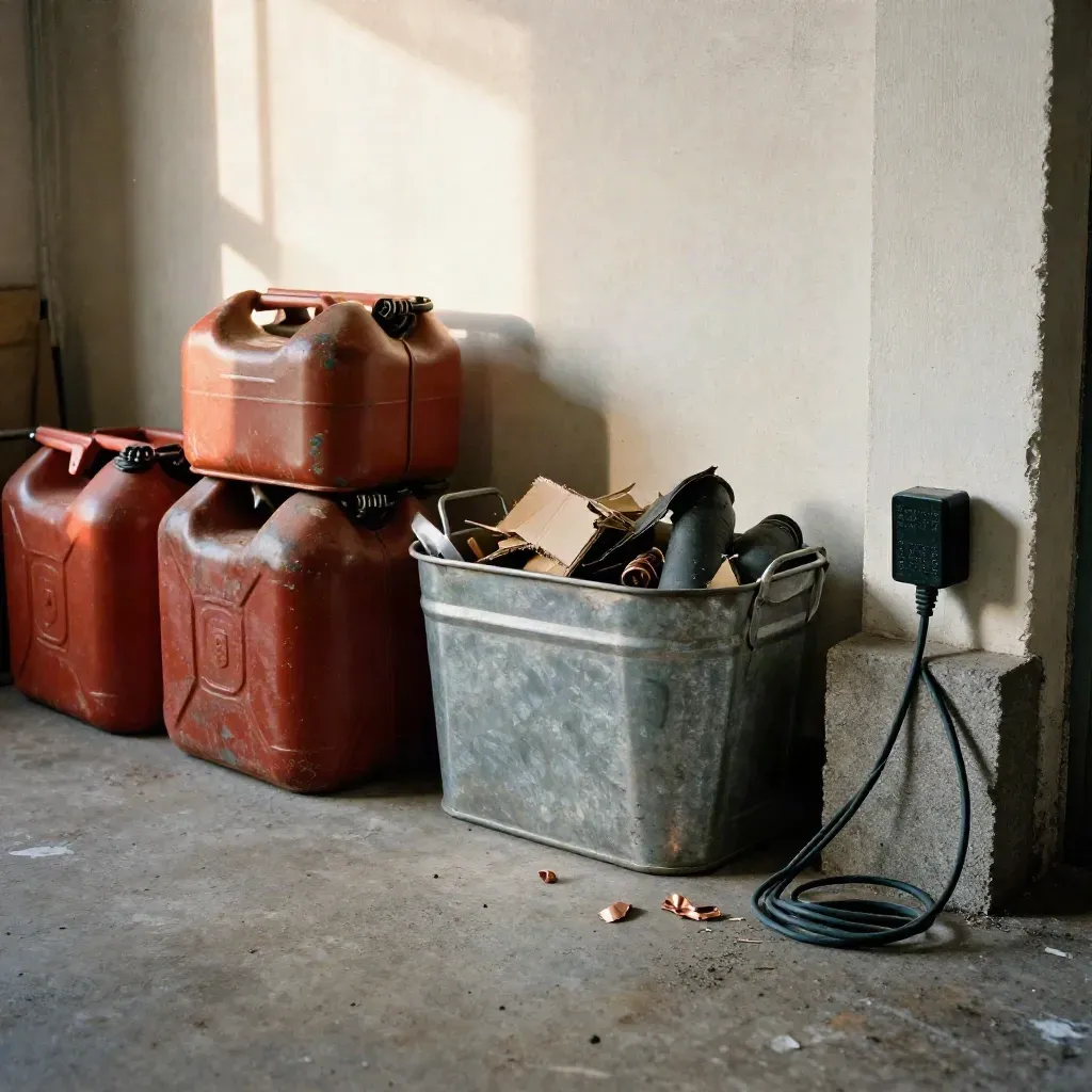 Workshop sorting zone with fuel cans, scrap bins, and an idle wall charger on a concrete floor.