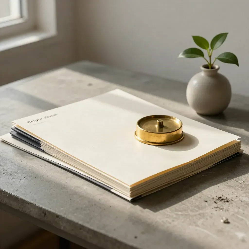 Recycled report folder, brass paperweight and plant cutting on concrete with soft window light